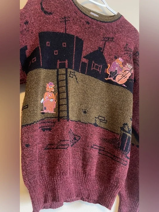 Vintage 80’s North Country by Eaton Novelty Cool Jazz Cat Wool Crewneck Sweater - Picture 5 of 8